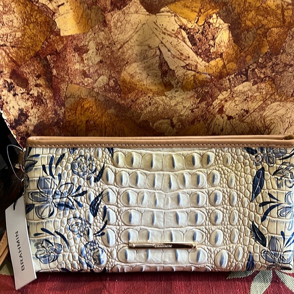 NWT Brahmin Kayla Floral Emb Leather Wristlet Clutch Indigo Palaminto